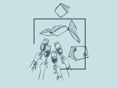 Illustration af hænder, der skåler med champagneglas under flyvende bøger.